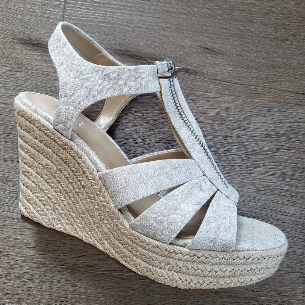 Michael Kors Berkley Platform Wedge Sandal MK Logo Cream Canvas Size 7